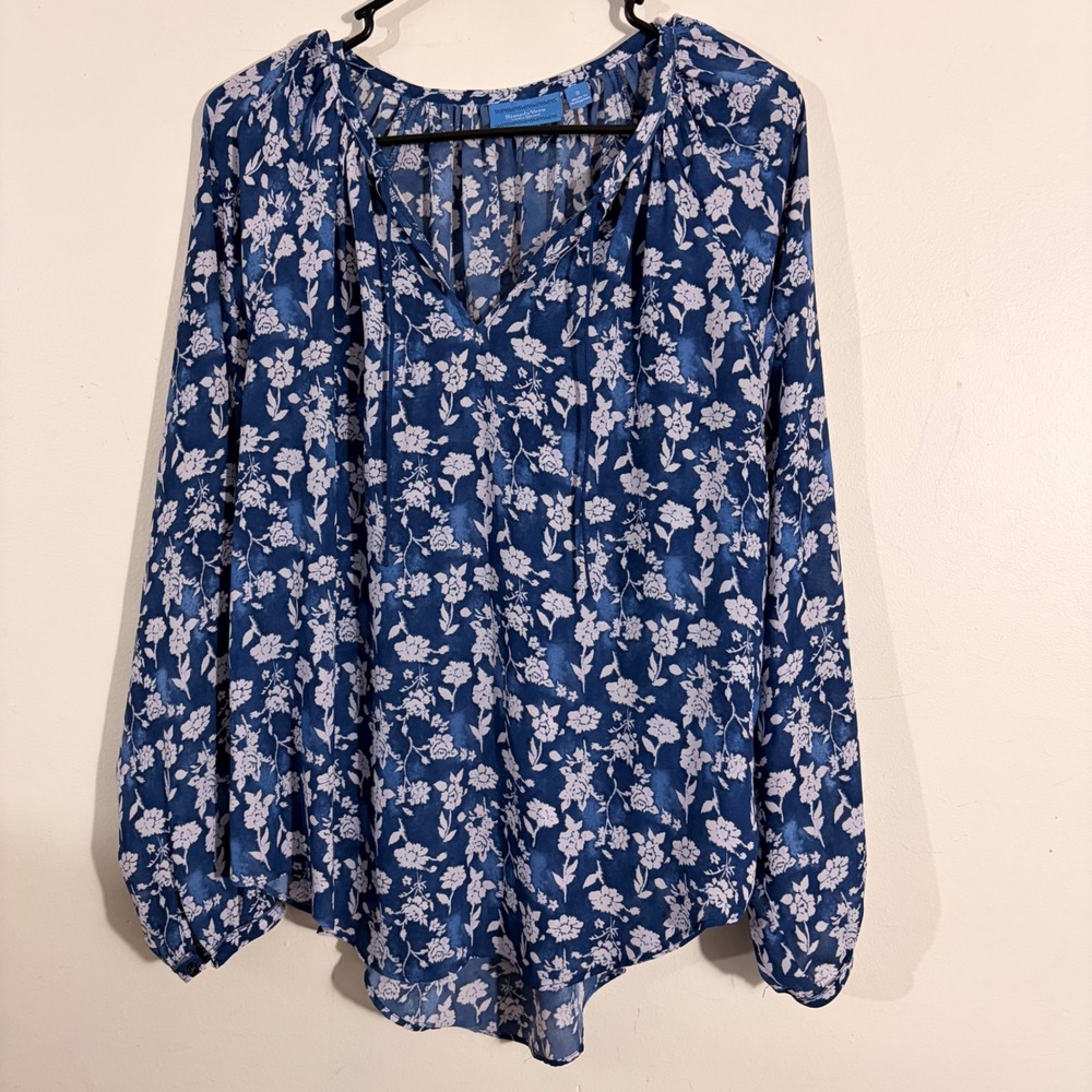Simply Vera Vera Wang Blouse Women Small Blue Floral Boho V-Neck Top